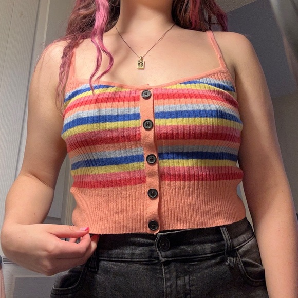 ‼️SALE‼️ AMERICAN EAGLE COLORFUL STRIPED BUTTON SOFT KNIT CROP TOP TANK - Picture 4 of 6